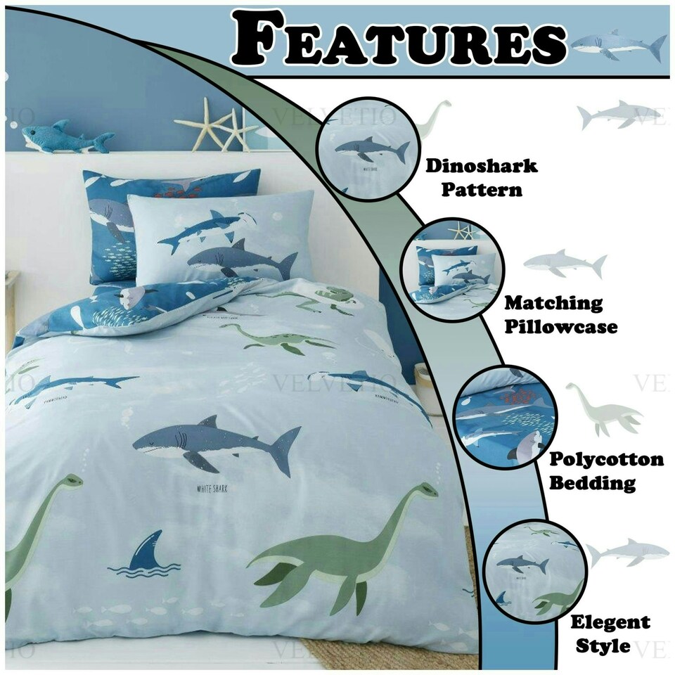 image 1 of VELVETIO Sea Dino Shark Duvet Cover Set Single Blue Soft Polycotton Reversible Kids Beddings Blue | Single