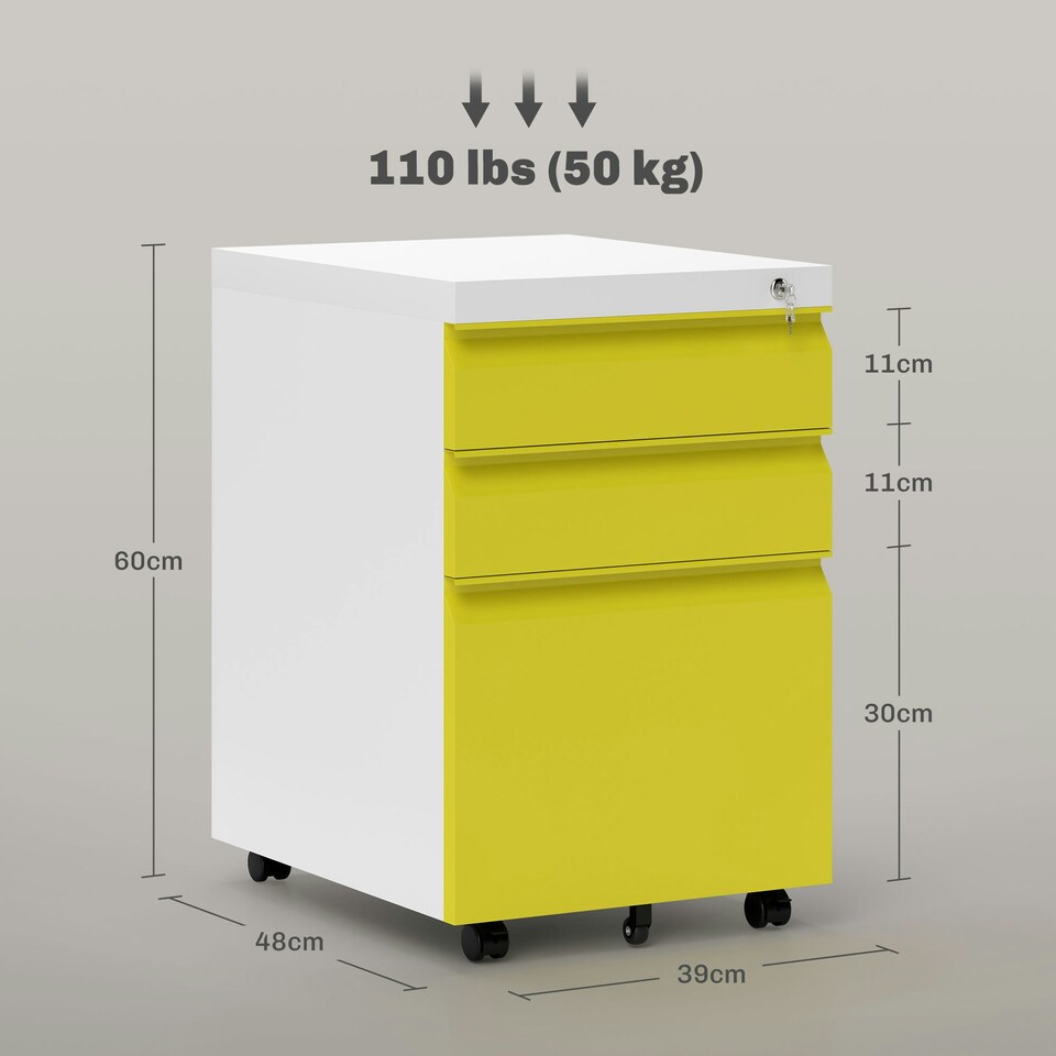 image 1 of Vinsetto 3 Drawer File Cabinet, Lockable Metal Filling Cabinet, Yellow
