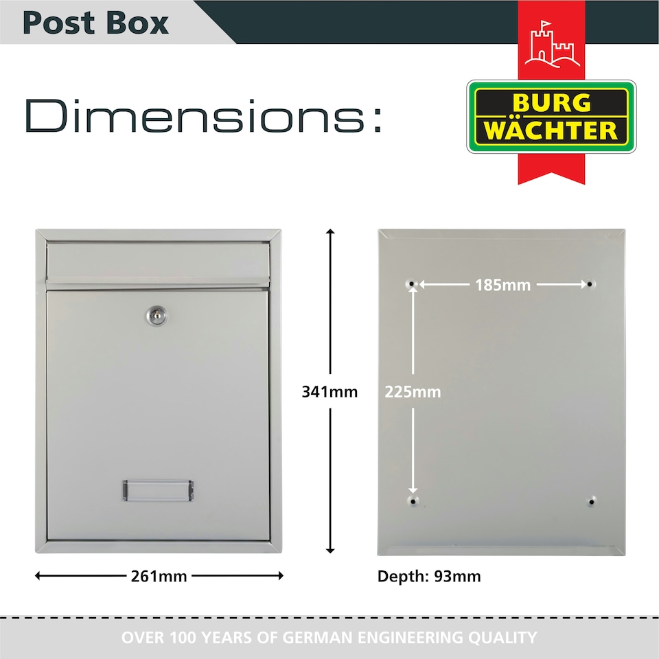 image 1 of Burg-Wachter Trent Wall Mounted Galvanised Steel Lockable Post Box - 26x34x9cm Silver