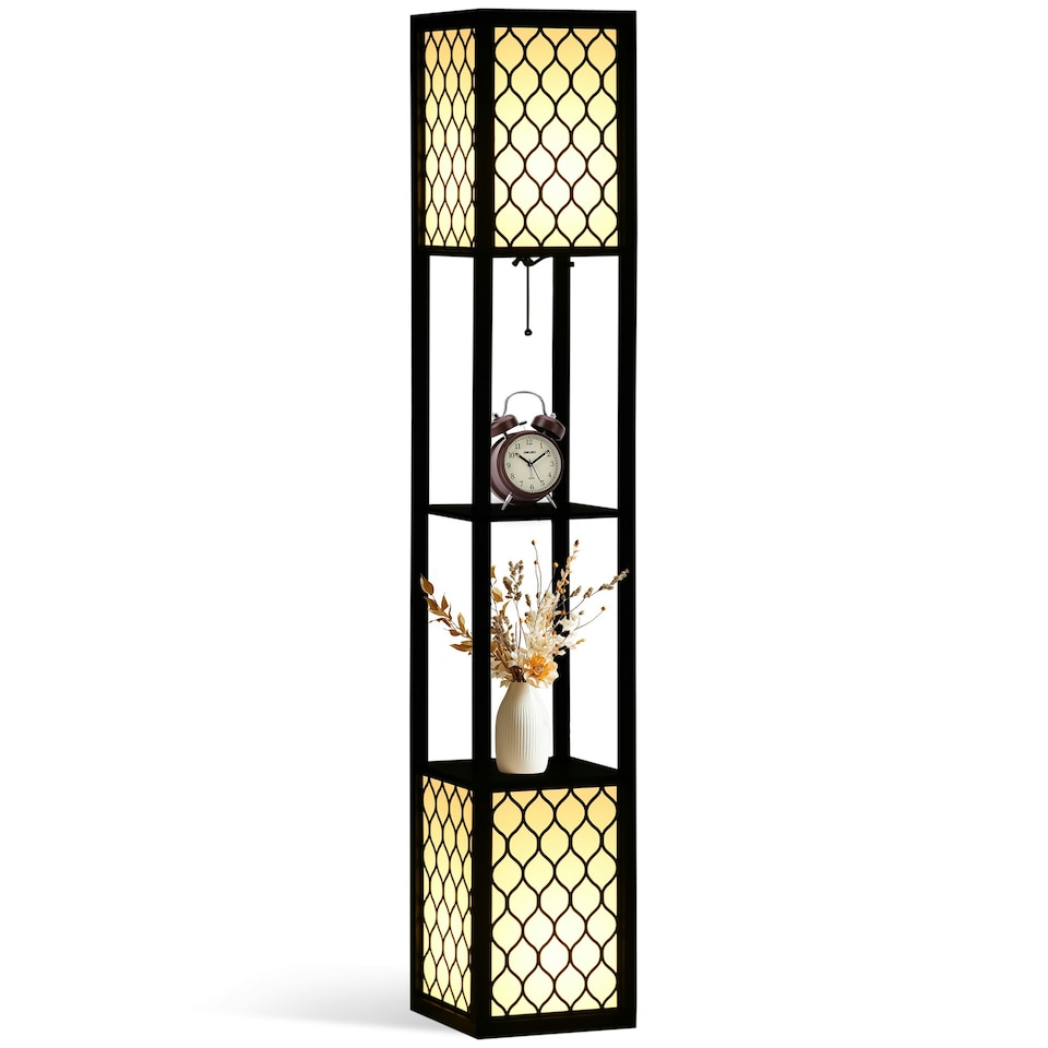 image 1 of HOMCOM 2-Light Modern Floor Lamp with Shelves for Living Room, Bedroom, Black