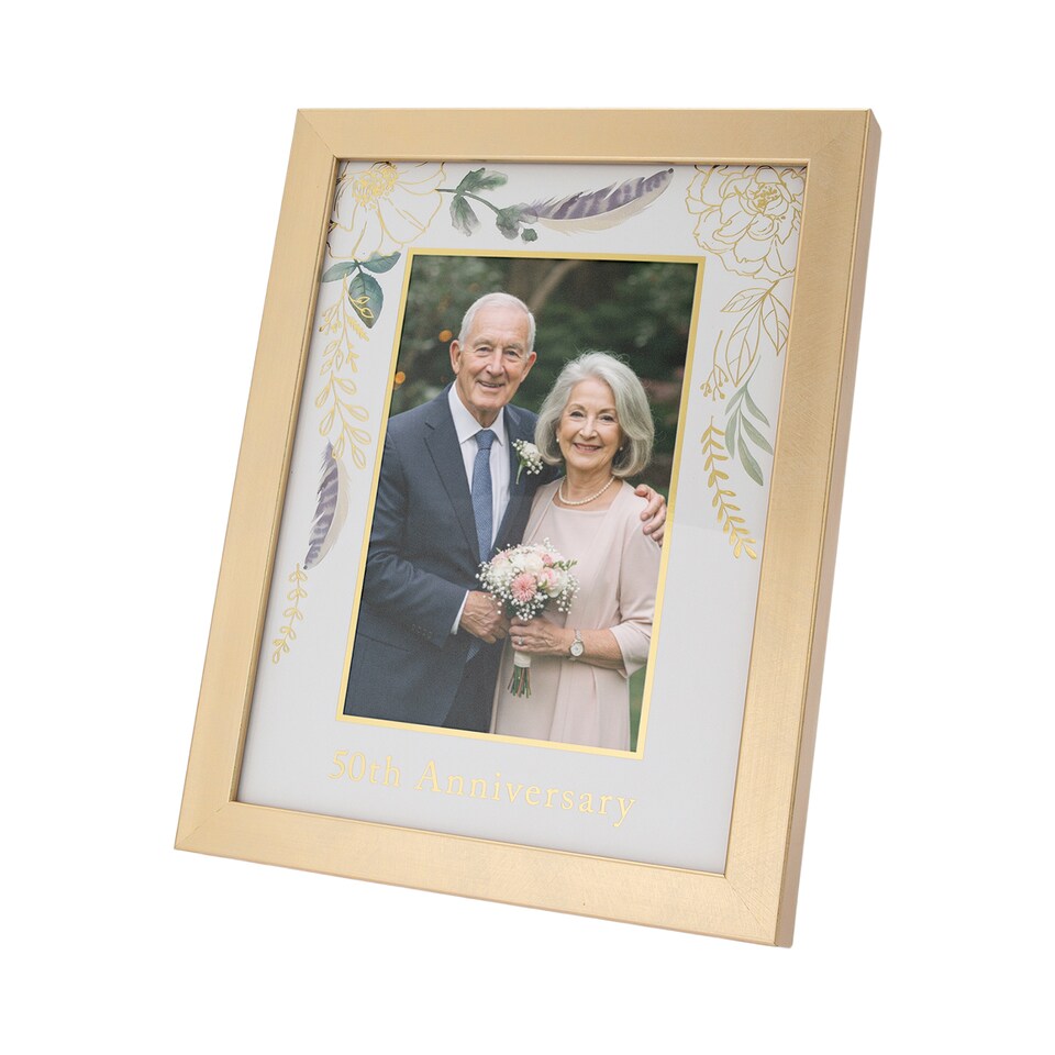 image 1 of Modern 50th Anniversary 4x6 Frame in Brushed Gold with Floral Decor | Gold | One Size