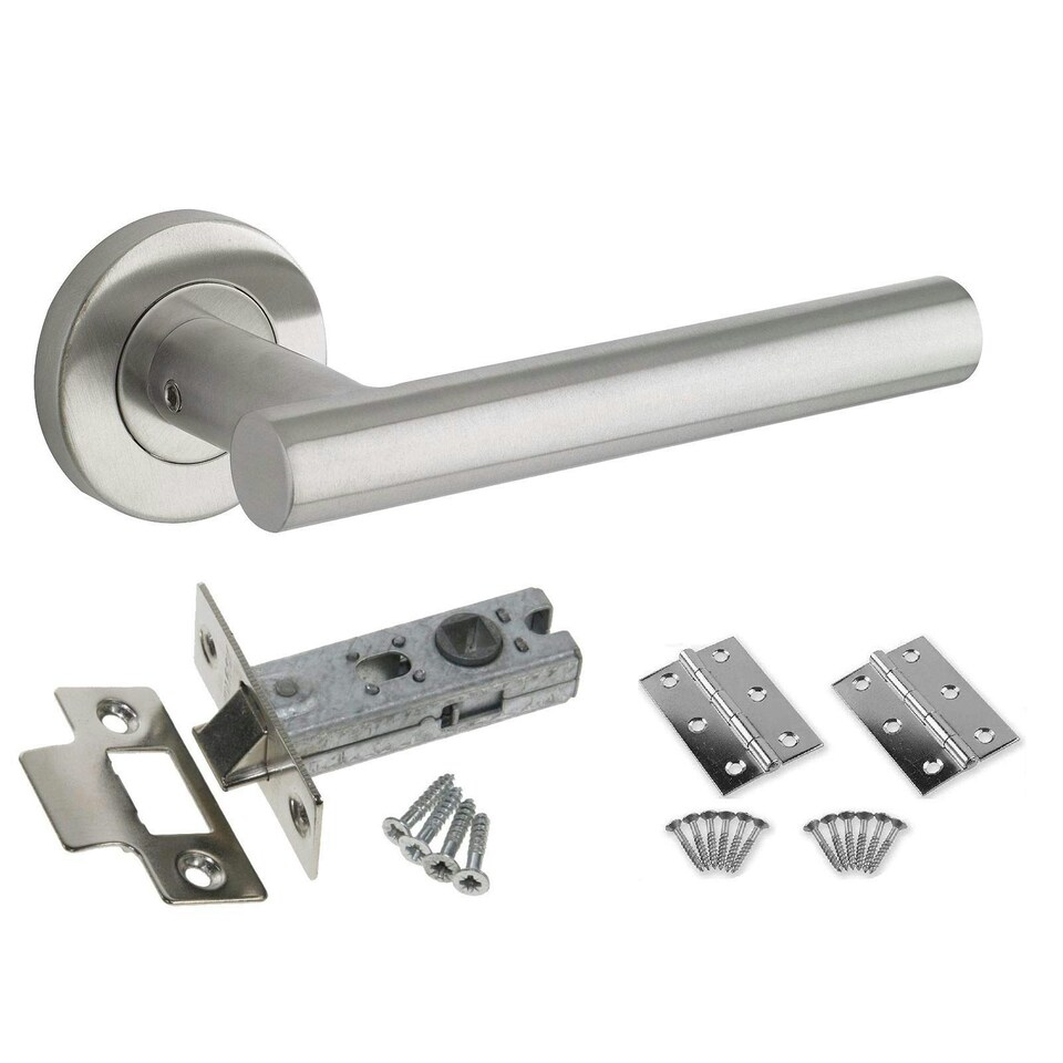 image 1 of Golden Grace 3 Sets Straight T-Bar Door Handle in Stainless Steel Finish with Tubular Latch & Hinges Grey