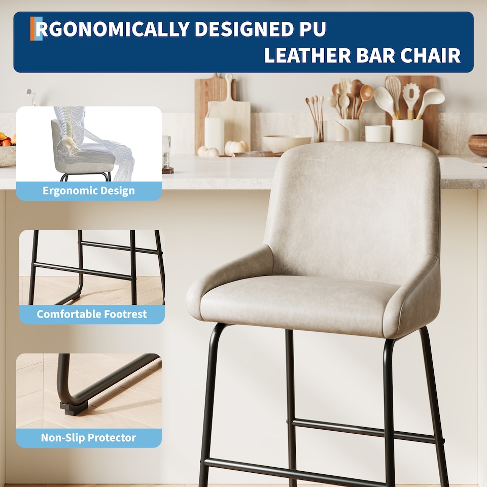 image 1 of 4PCS PU Leather Bar Stools with Metal Frame Backrest and Footrest - Light Grey