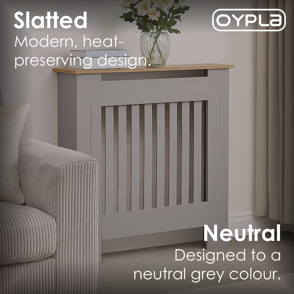 image 1 of Small Grey Wooden Slatted Grill Radiator Cover MDF Cabinet