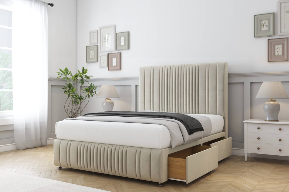 image 1 of Sloomy Kingsley Cream Plush Divan Bed With Mattress 2 Drawers Right Side With 26" Strutted Headboard & 12" Matching Footboard 5' King | Cream | Cream | King | 1