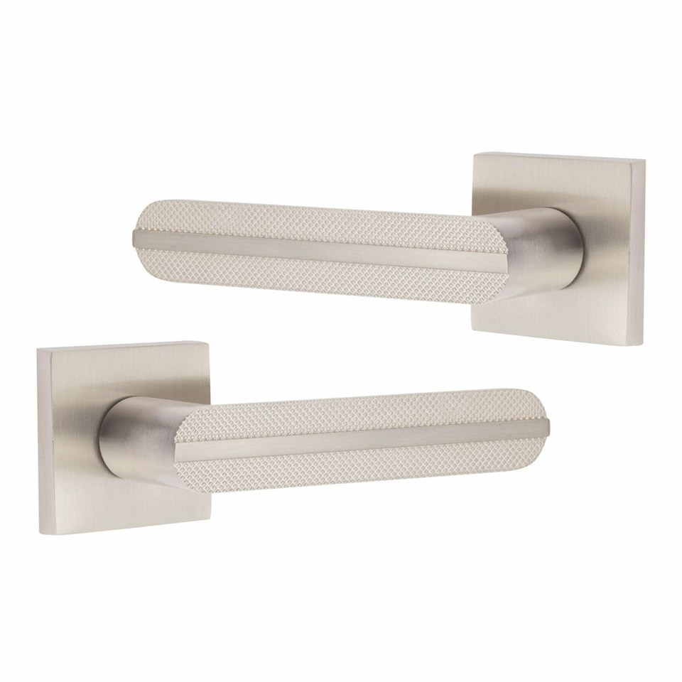 image 1 of Golden Grace 4 Pairs Modern Lima Design Premium Door Handles on Square Rose in Satin Nickel Finish with 3" Ball Bearing Hinges and 2.5" Tubular Latch | Grey | 4 Pairs