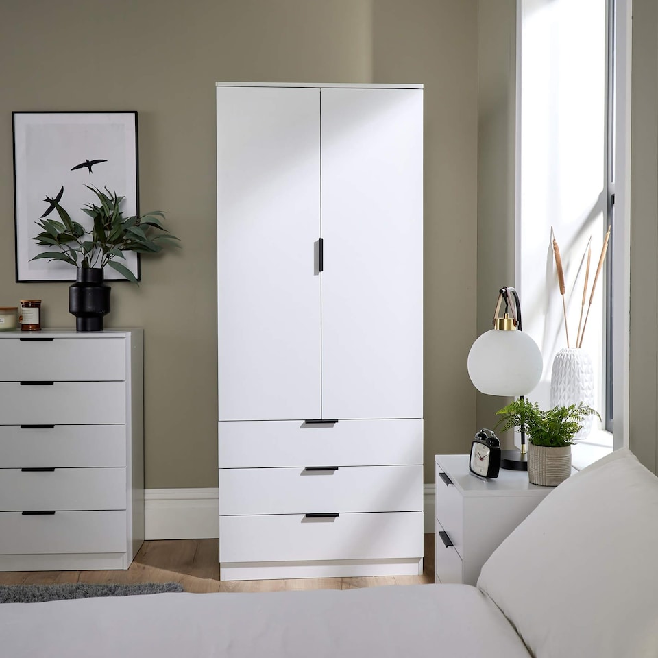 image 1 of Phoenix Wardrobe 2 Door 3 Drawers Bedroom Home Furniture Clothing Storage Shelf | White
