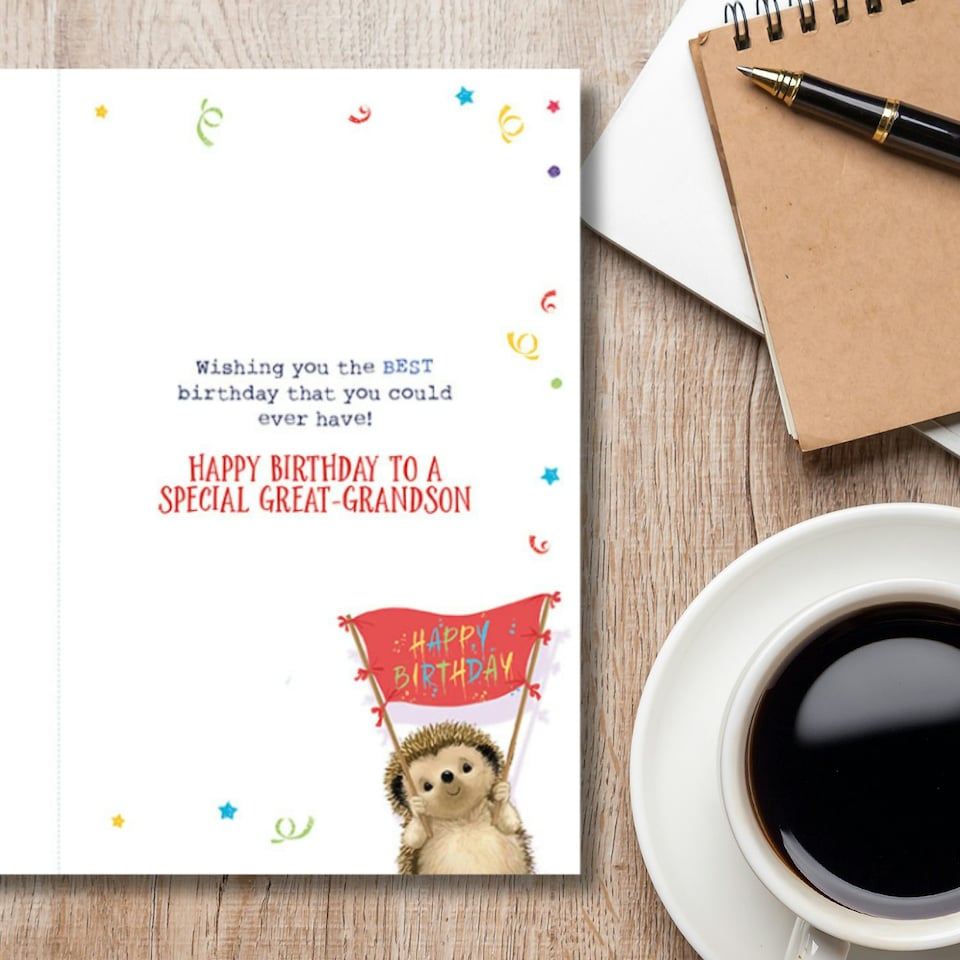 image 1 of Words 'n' Wishes Birthday Card for Great Grandson, Cute Hedgehog Holding Happy Birthday Banner, Multicoloured, 21.7 x 14.4 cms