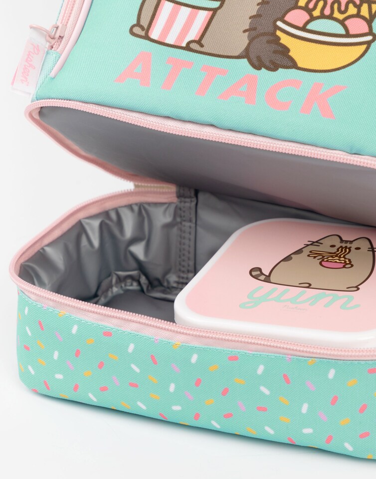 image 1 of Pusheen the Cat Mint Lunch Bag, Lunch Box and Drinks Bottle Set | Snack Attack Polkadot School Lunch Set for Girls | Transparent Water Bottle | Pusheen Merch