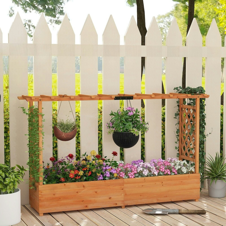 image 1 of COSTWAY Raised Garden Bed Planter Box w/2-Sided Trellis Orange