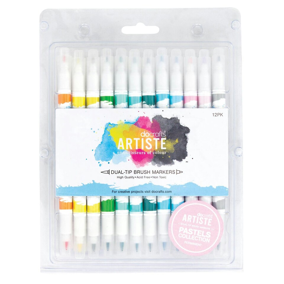 Artiste Dual Tip Brush Markers, Pastels, Pack of 12 Pens