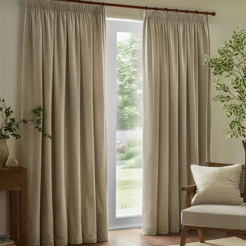 image 1 of Yard Heavy Chenille Velvet Room Darkening Pencil Pleat Curtains | Cream