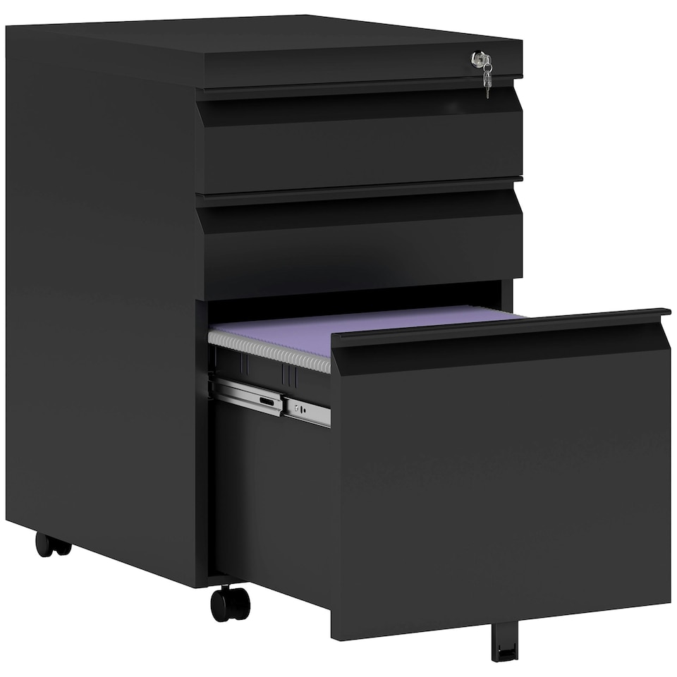 image 1 of Vinsetto 3 Drawer File Cabinet, Lockable Metal Filling Cabinet, Black