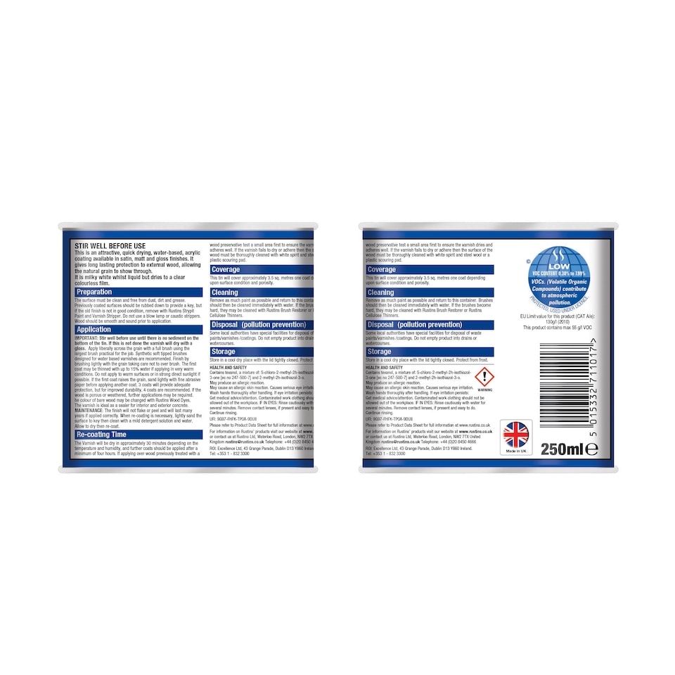 image 1 of Rustins Quick Dry Outdoor Clear Varnish Satin 250ml