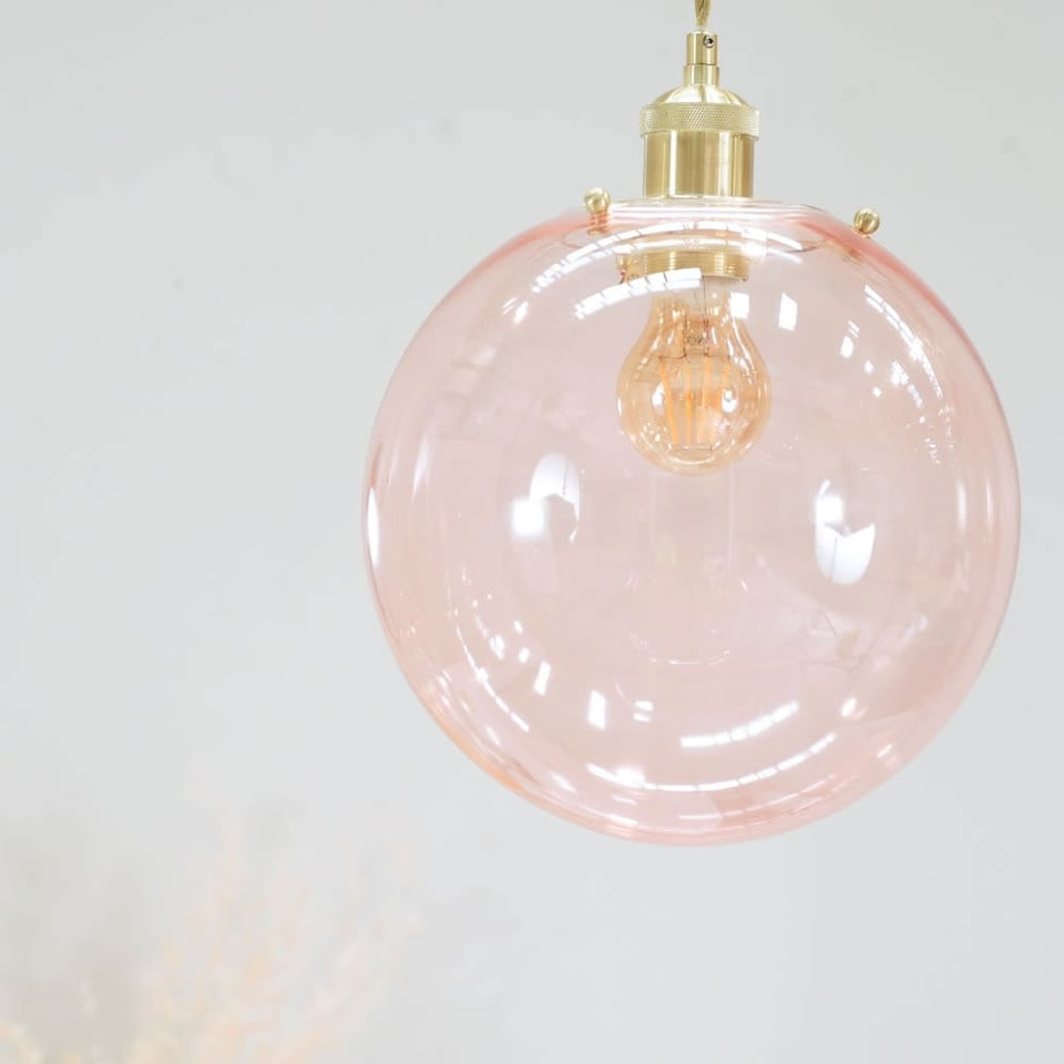 image 1 of ValueLights Frenchie Pink Tinted Glass Globe Gold Easy Fit Shade and Bulb