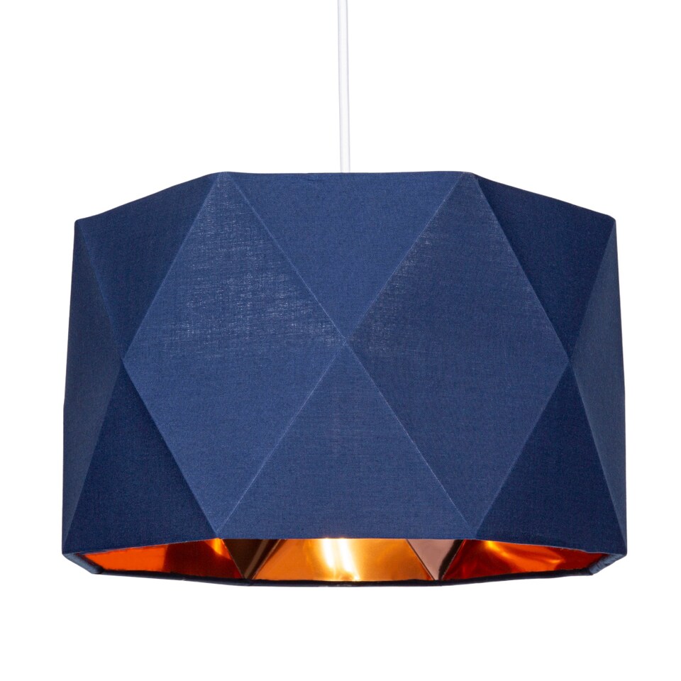 image 1 of Navy Blue Cotton 12 Geometric Shade with Brushed Copper Metal Effect Lining | Blue