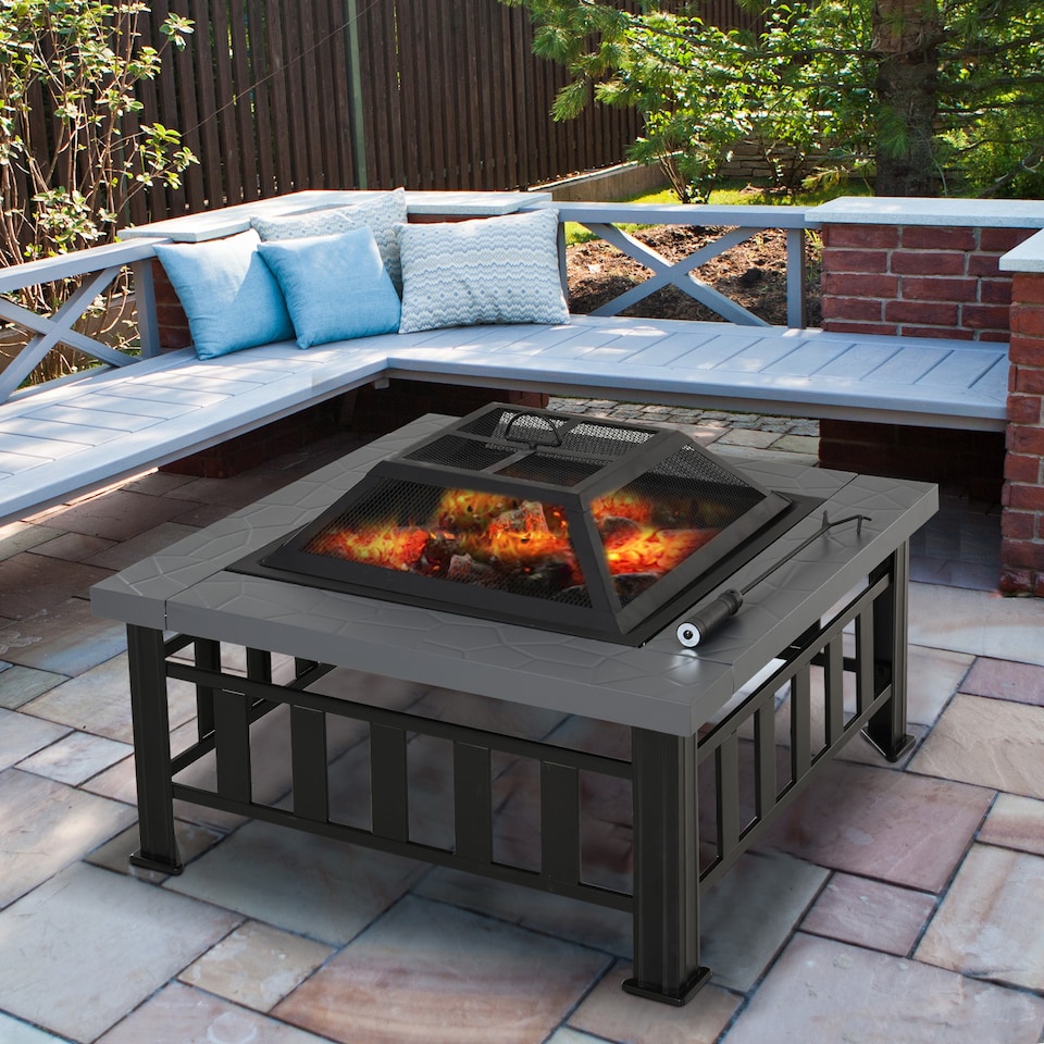 image 1 of Outsunny Fire Pit Heater Square Table Patio Metal Black 86 cm Outdoor | Black | Black