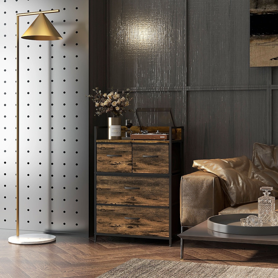 image 1 of HOMCOM Bedroom Chest of Drawers, Fabric Dresser with 4 Drawers, Storage Organiser Unit with Open Shelf and Metal Frame for Living Room, Entryway, Rustic Brown