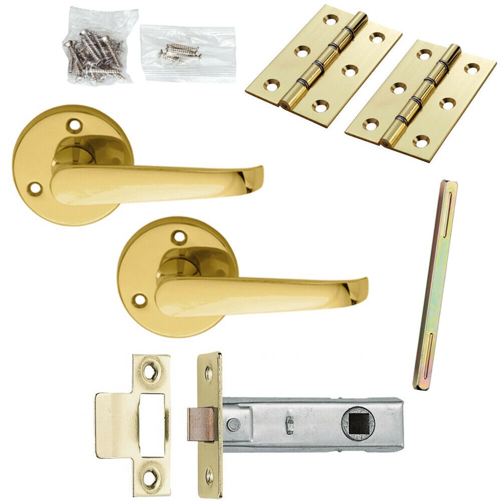 Loops Door Handle & Latch Pack Brass Victorian Scroll Straight Screwless Round Rose in Metallics