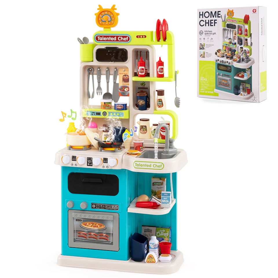 image 1 of COSTWAY Kids Kitchen Playset Pretend Play Kitchen with 95 PCS Accessories-Blue