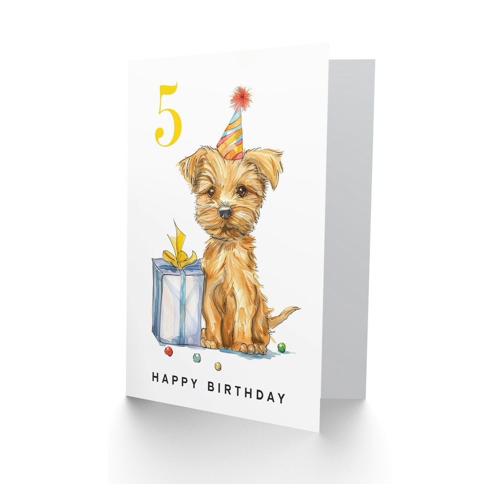 image 1 of Cute Terrier Puppy Party Hat Kids Age Year 5 Year Old Child Kids 5th Birthday Card