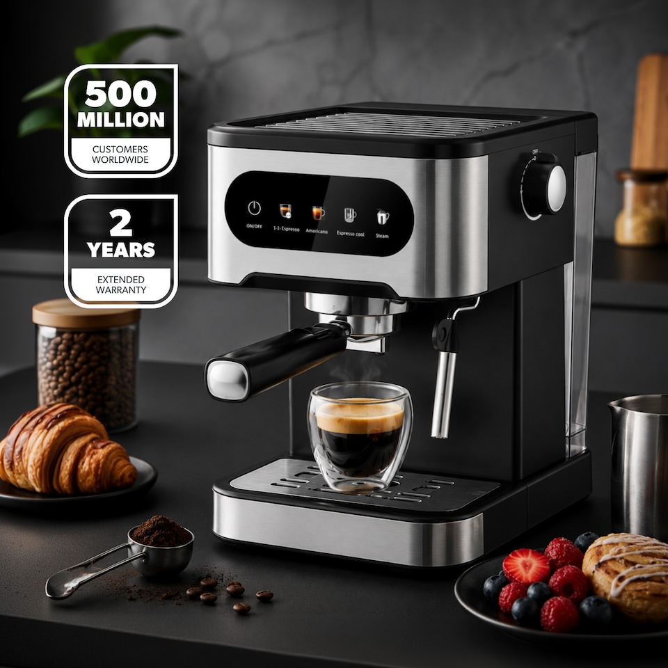 image 1 of GEEPAS 5 In 1 Espresso Coffee Machine with Milk Frother 20 Bar 1350W - Silver