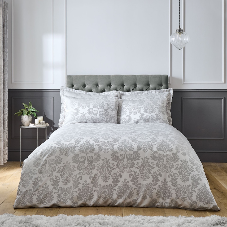 image 1 of Damask Jacquard Duvet Cover Set | Silver | Silver Grey