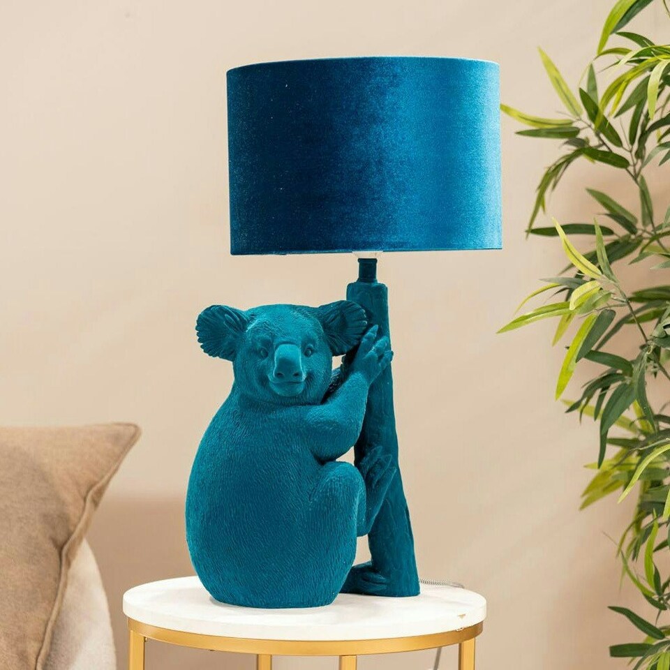 image 1 of ValueLights Teal Velvet Koala Bedside Table Lamp with a Drum Lampshade Animal Light - Bulb Included