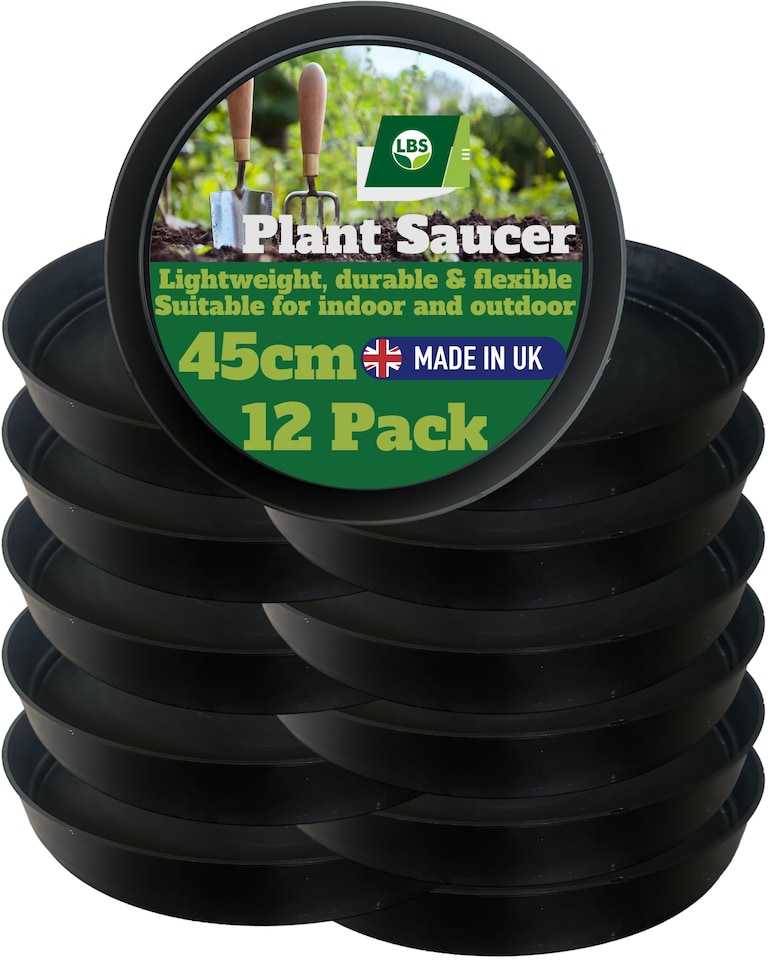 image 1 of 12 Pack Giant 45cm Plant Pot Saucers - Black Industrial Heavy-Duty Round Garden Trays - Frost Proof & Made in UK