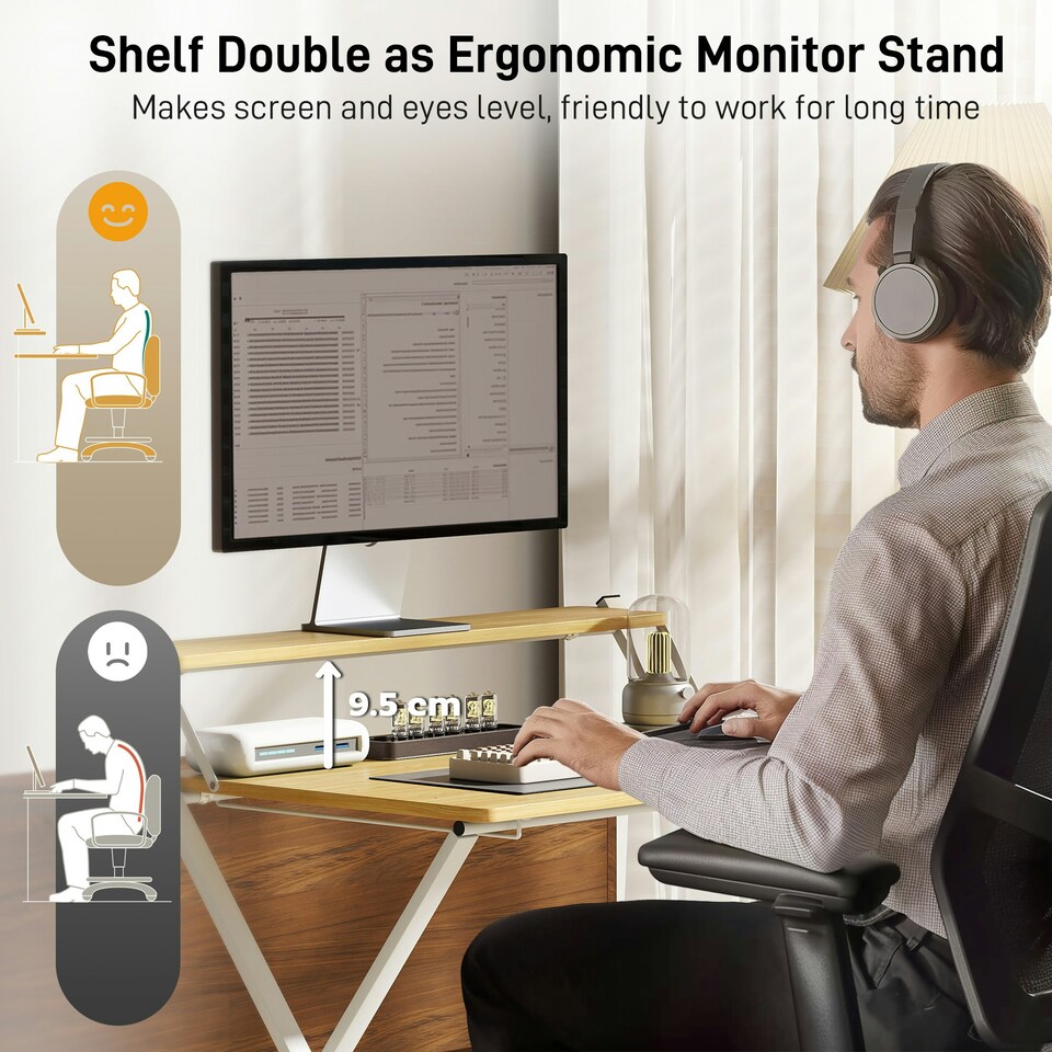 image 1 of HOMCOM Folding Desk with 2-Tier Shelf for Home Office, Maple Wood-effect