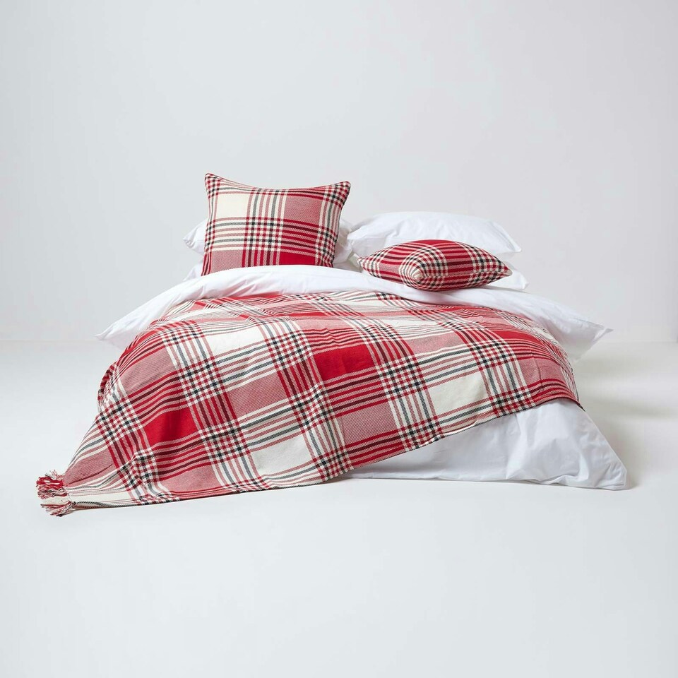 image 1 of Homescapes Red Tartan Check Sofa and Bed Throw - 225 x 255 cm Red