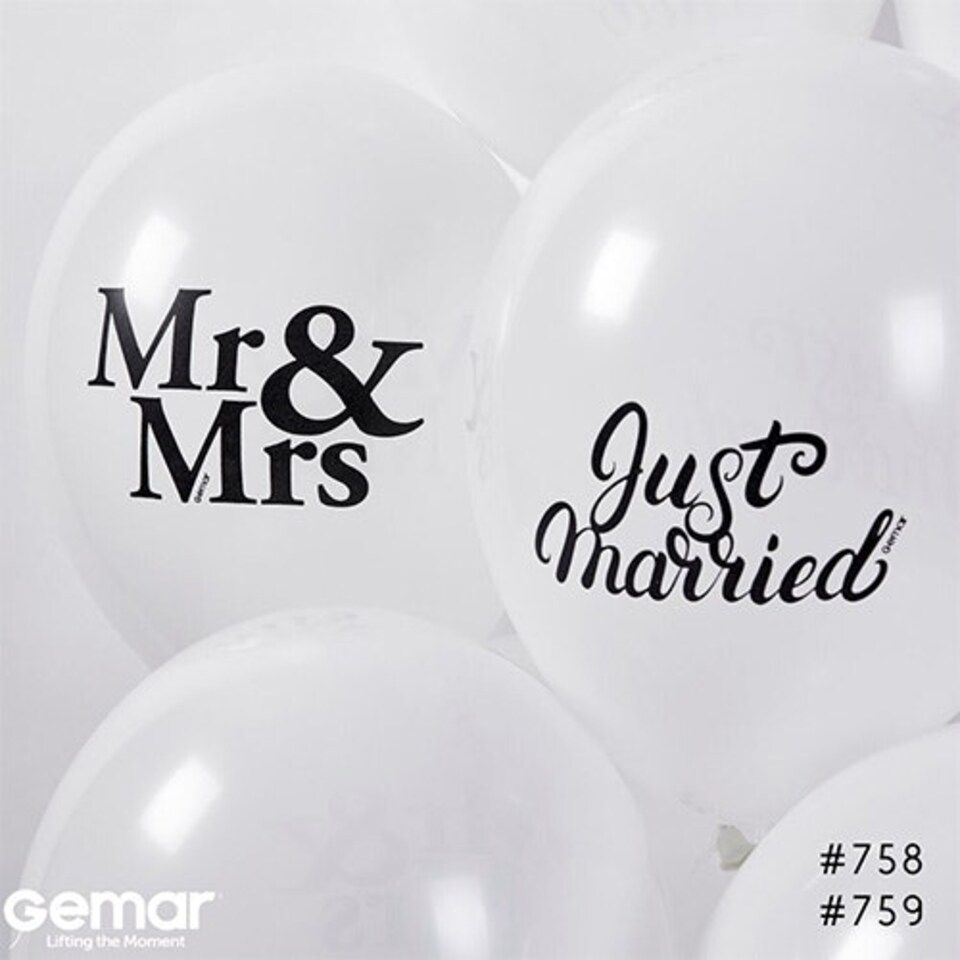 image 1 of Mr & Mrs Just Married White Latex Balloons 33cm / 13 in - Pack of 6