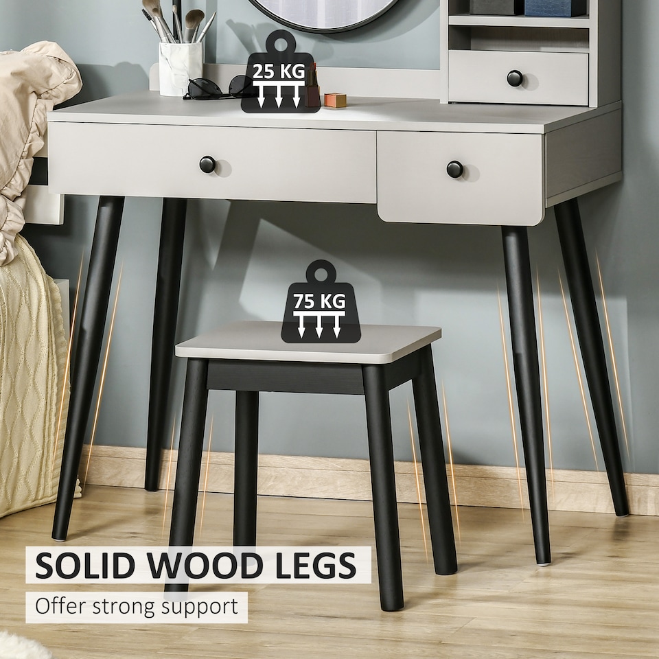 image 1 of HOMCOM Dressing Table Set with Mirror and Stool, Vanity Makeup Table with 3 Drawers and Open Shelves for Bedroom, Living Room, Grey