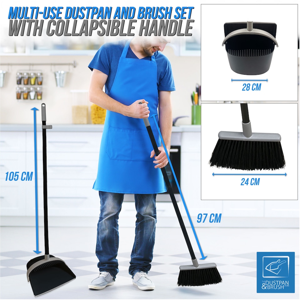 image 1 of Long Handled Dustpan and Brush Set Upright Sweeping Broom with Built-In Bristle Cleaner