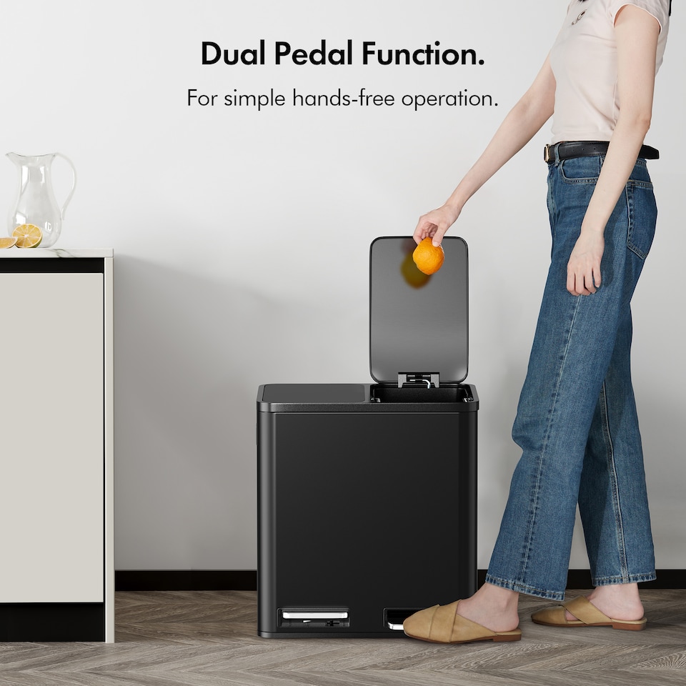 image 1 of VonHaus Cream 30L Waste & Recycling Kitchen Bin, 2 x 15L Black Compartment Pedal Bin w/ Non Slip Base, Removable In-Bins | Black | Matte Black | 45L
