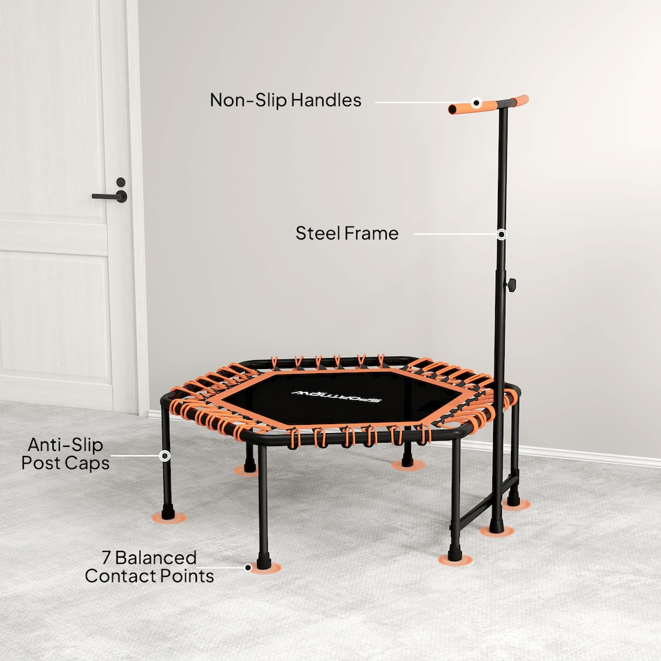 image 1 of SPORTNOW Fitness Trampoline with Adjustable Handle, LED Lights, Orange