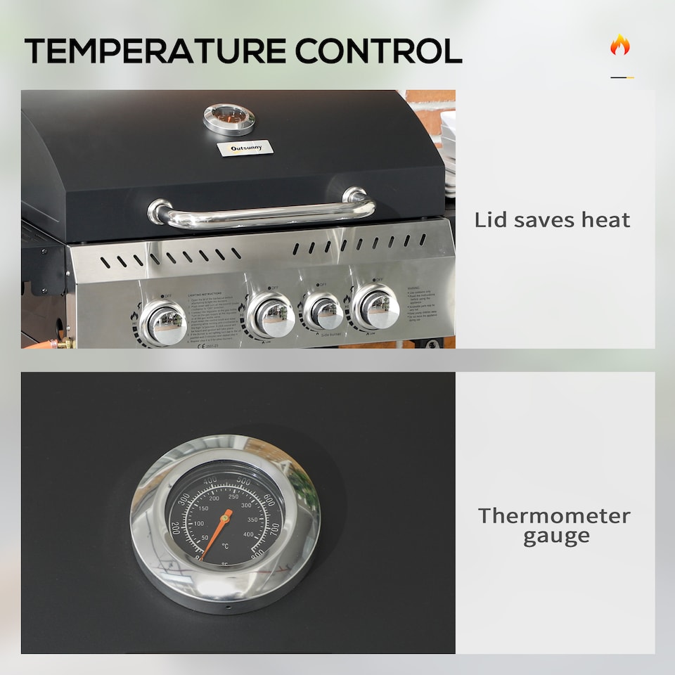 image 1 of Outsunny 3+1 Burner Propane Gas Barbecue Grill with Thermometer, Bottle Opener