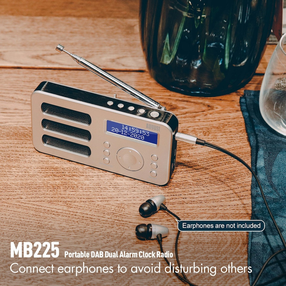 image 1 of Portable DAB, DAB+, FM Radio Alarm Clock with Built-In Rechargeable Battery + RDS, DRC, Prune & AUX Output - August MB225S