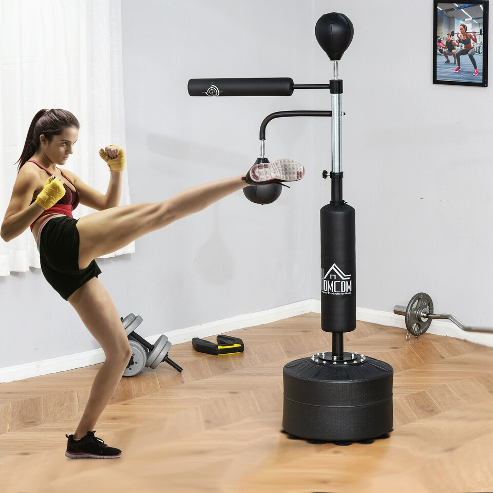 image 1 of HOMCOM 4-in-1 Boxing Punching Bag Free Standing with 2 Speed Balls, 360° Relax Bar, PU-Wrapped Boxing Bag and Fillable Base, 160-230cm Adjustable Height Black