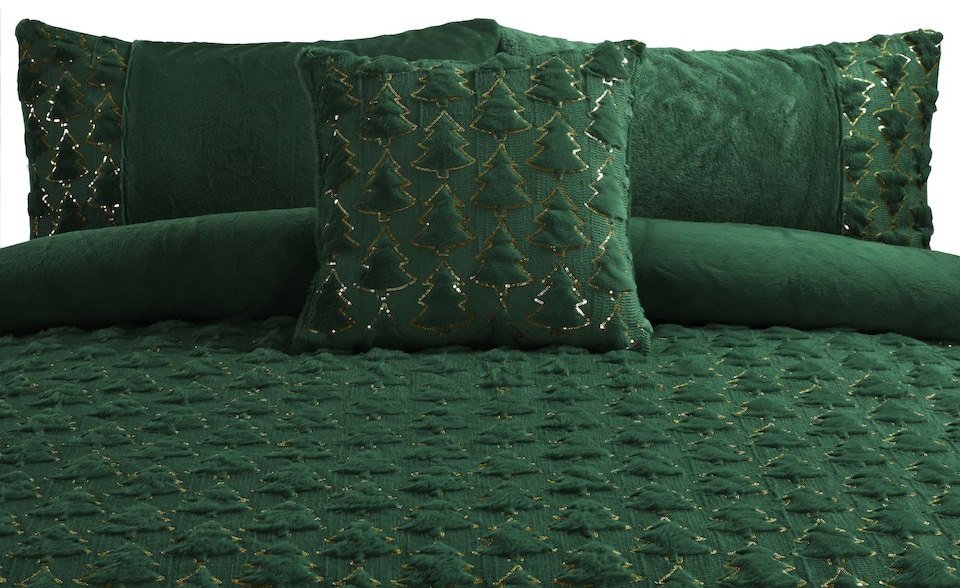 image 1 of Homes Linen Green Christmas Tree Teddy Fleece Duvet Cover Set with Soft Plush Festive Winter Bedding Set | Green | Double