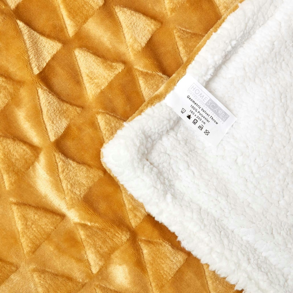image 1 of Homescapes Mustard Yellow Geometric Triangle Velvet Throw - 130 x 160 cm Yellow