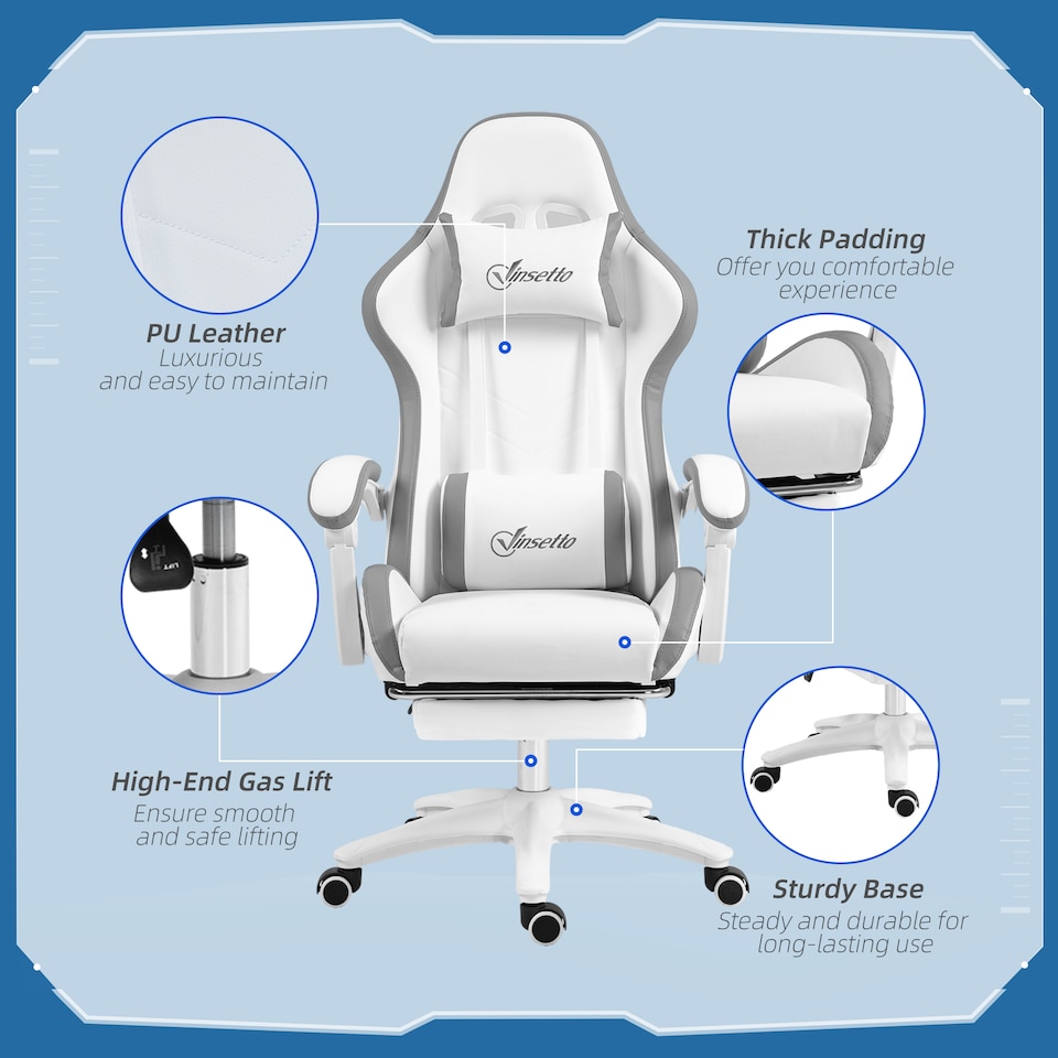 image 1 of Vinsetto Computer Gaming Chair, PU Leather Office Desk Chair with Footrest, Swivel Wheels, 135 Reclining Back, Lumbar Support, Headrest for Home, White and Grey