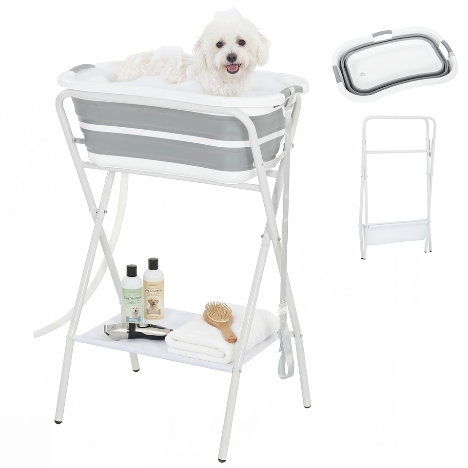 image 1 of PawHut 27L Dog Bath Tub Foldable Pet Bathtub with Stand Grey