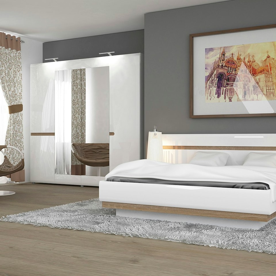 image 1 of Chelsea Bedroom 4 Door Wardrobe with Mirrors in White with a Truffle Oak Trim