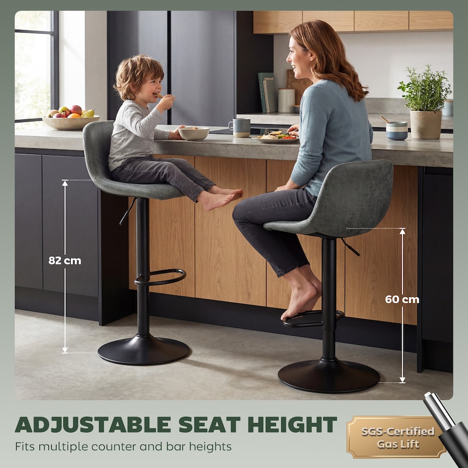 image 1 of HOMCOM Bar Stools Set of 2, Modern Swivel Barstools for Dining Room | Black | Green | 37 x 44 x 82-104 cm
