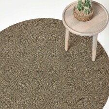 Homescapes Linen and Black Handmade Woven Braided Rug - 120 cm Round Cream | 120 cm Round
