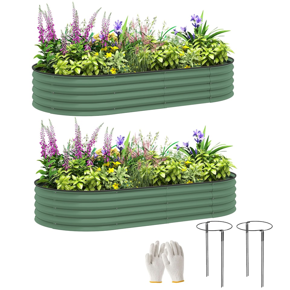image 1 of Outsunny Set of 2 Raised Beds for Garden with Metal Plant Stakes
