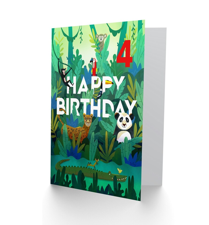 image 1 of Cute Amazon Jungle Animals Age 4 Year Old Child Kids 4th Birthday Card