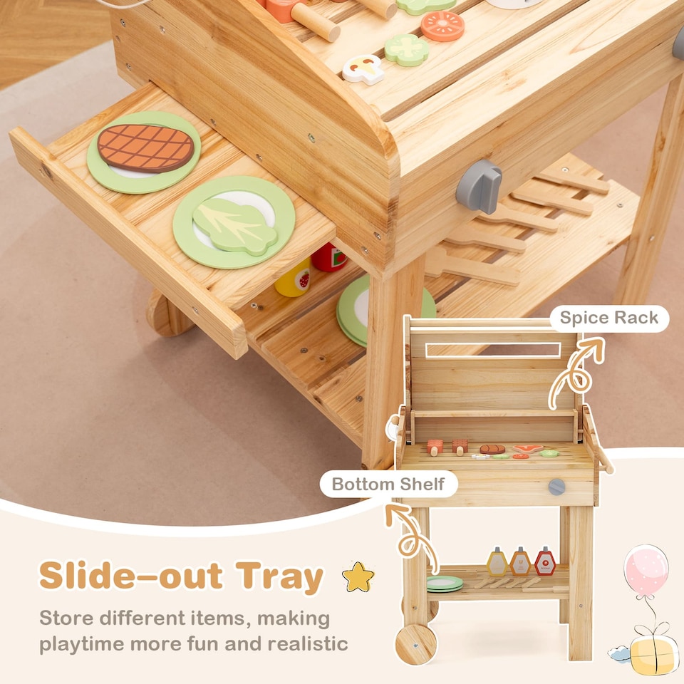 image 1 of COSTWAY Wooden Barbecue Grill Toy Set Kids BBQ Grill Playset With Play Food Natural