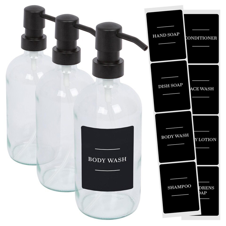 image 1 of Harbour Housewares Glass Soap Dispensers with Labels 500ml - Pack of 3 - Refillable Pump Bottles for Kitchen & Bathroom